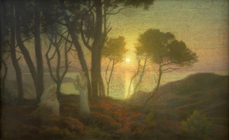Genre scene of a lute player at dusk, oil painting by Émile-René Ménard