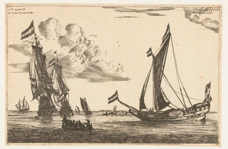Duas embarcações de guerra e um iate no mar, gravura de Reinier Nooms