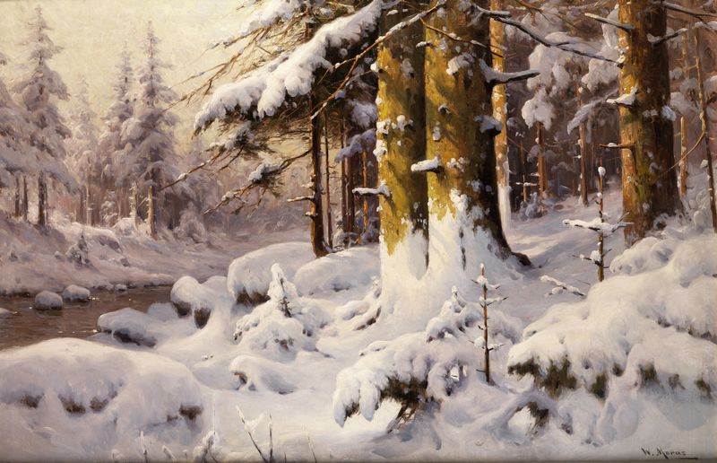 Wintry forest landscape by Walter Moras, oil painting of snow-covered trees and a winter sky.