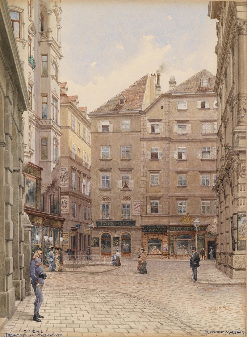 Urban landscape with colorful buildings by Richard Moser, oil on canvas
