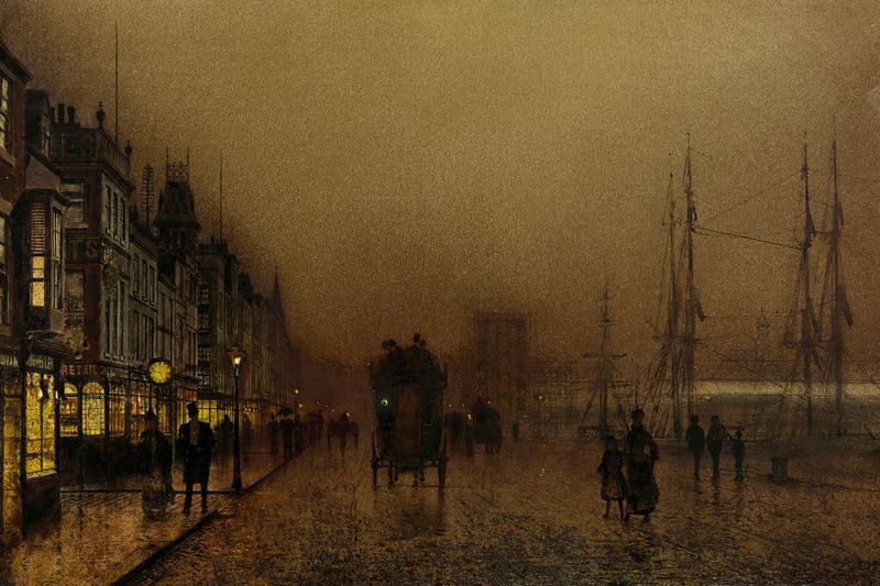 Glasgow Docks óleo de John Atkinson Grimshaw que representa el crepúsculo sobre un paisaje urbano