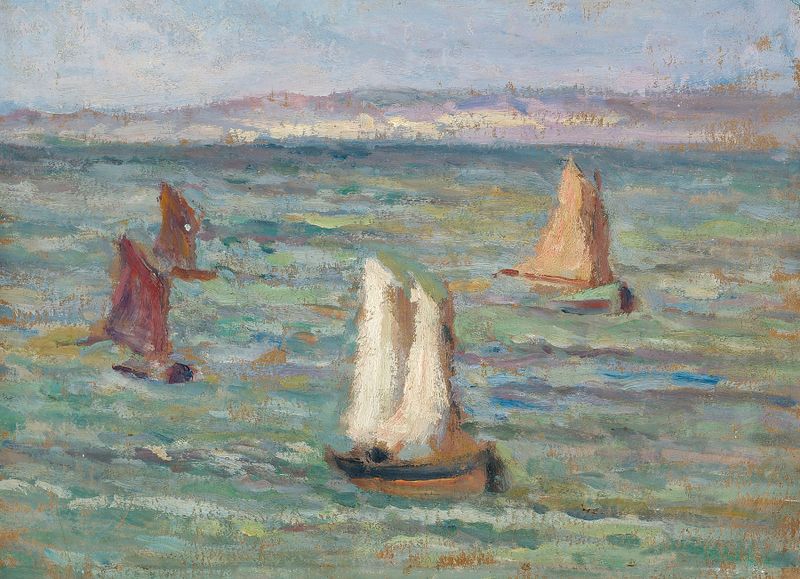 Bateaux aux environs d’Honfleur de Maximilien Luce, óleo sobre tela representando barcos na água ao pôr do sol