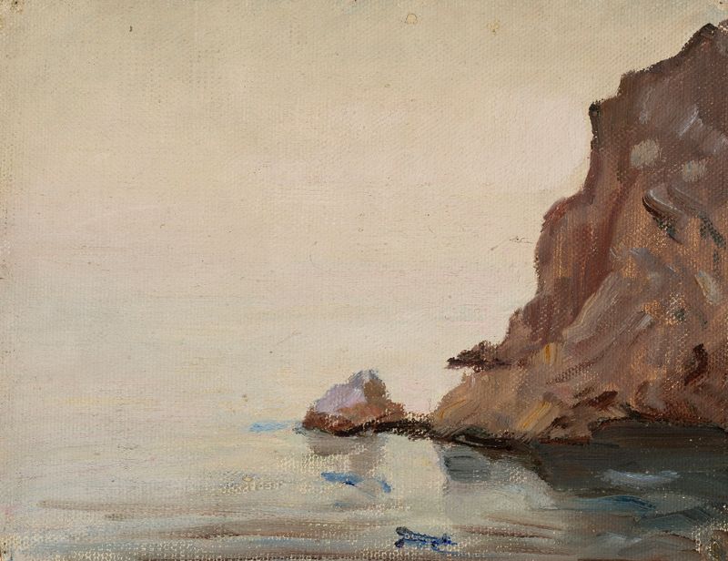 View of the sea and a rock de Jan Ciągliński, óleo