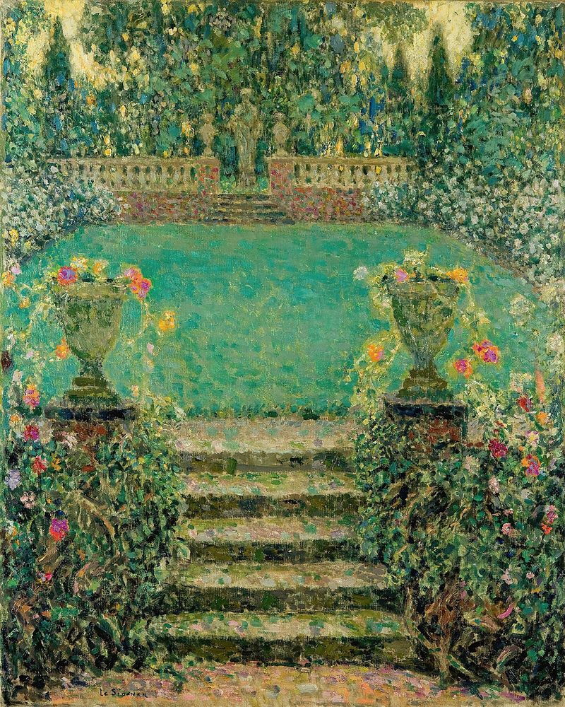 Les Marches Du Jardin, oil on canvas by Henri Le Sidaner, depicting a garden at twilight with a lantern.