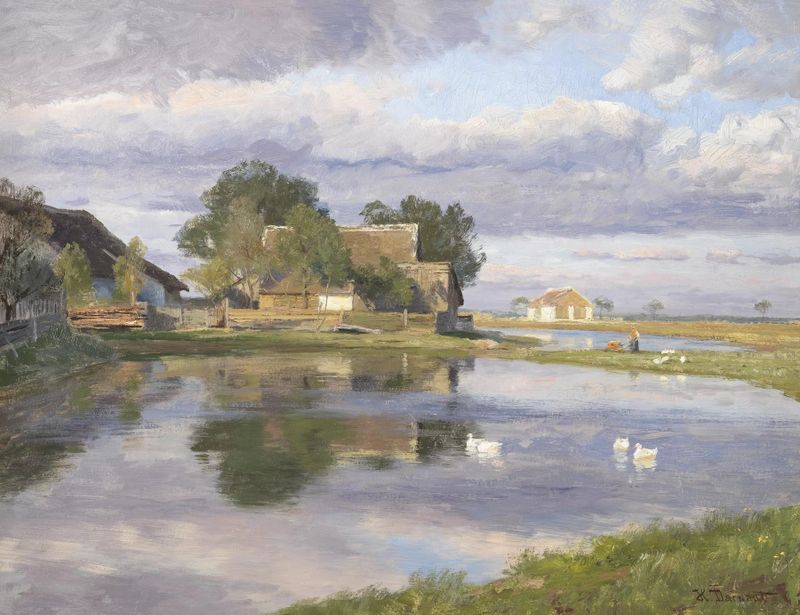 Paisagem de um lago com reflexos, por Hugo Darnaut, pintura a óleo