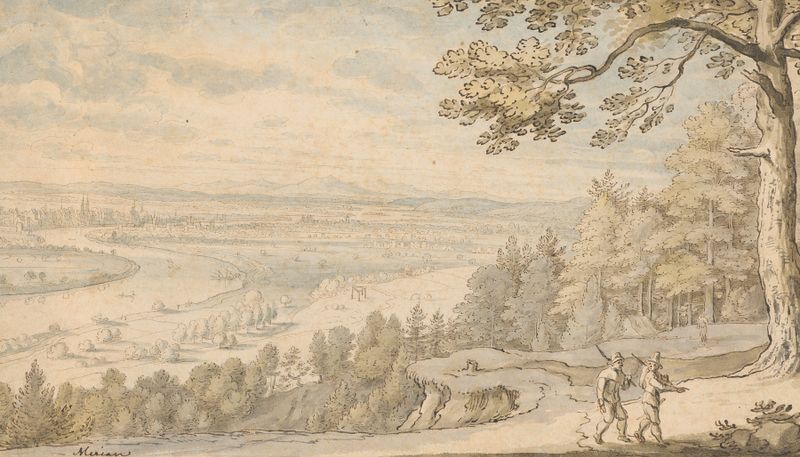 Landscape depicting Basle's skyline and river, created by Matthäus Merian the elder.
