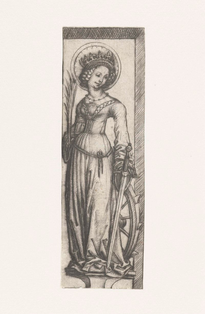 Heilige Catharina in nis, ponta seca de Meester van het Amsterdamse Kabinet, representando uma santa serena em trajes elab...