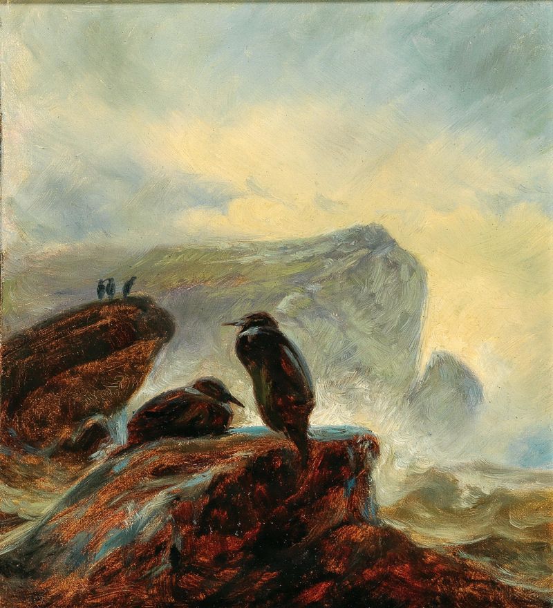 A landscape with cormorants on a rock, oil on canvas by Friedrich Preller the Elder
