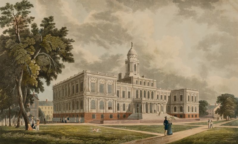 Engraving of City Hall by John Hill, featuring towering spires and a vast sky.