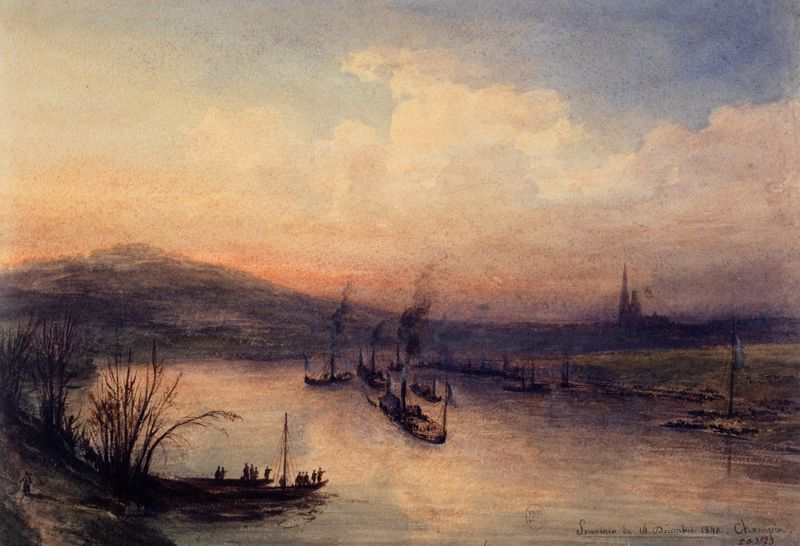 Historical scene on the Seine riverbank by Jean-Jacques Champin, oil on canvas