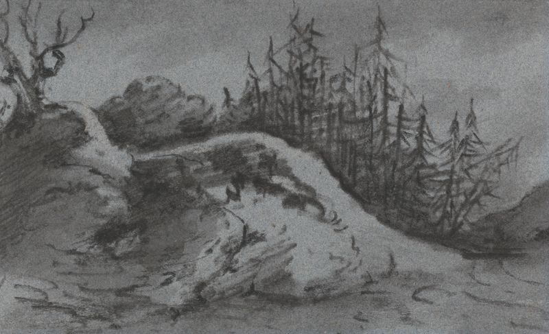 Composition of Rocks and Pine Trees by Dr. Thomas Monro, oil painting featuring lush pine trees and rugged rocks.