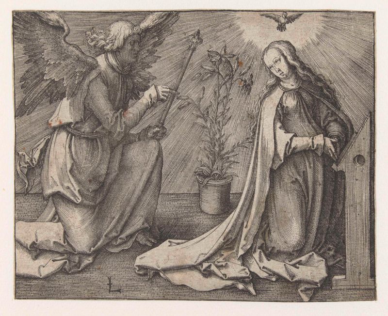 Grabado de Lucas van Leyden que representa un ángel con alas iluminadas