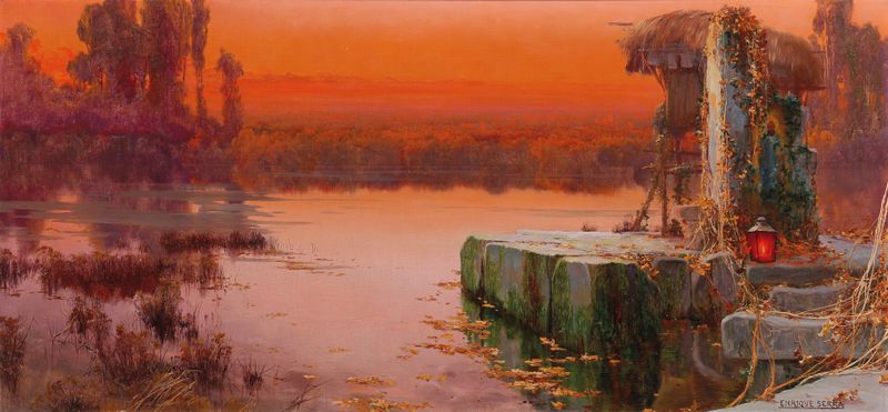 Evening Light Over The Pontine Marshes, óleo sobre lienzo de Enric Serra Auqué, representando un paisaje tranquilo al atar...
