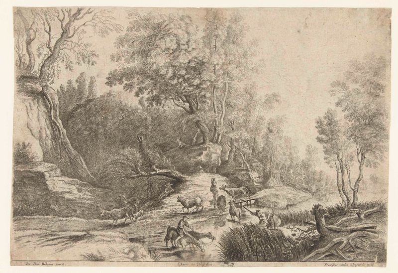 Landscape with horses and cows at a drinking place, etching by Lucas van Uden