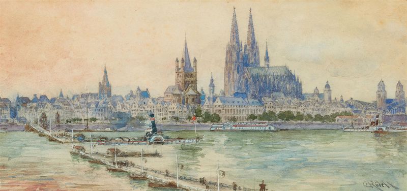 Cenário urbano com uma catedral de Carl Rüdell, meio desconhecido