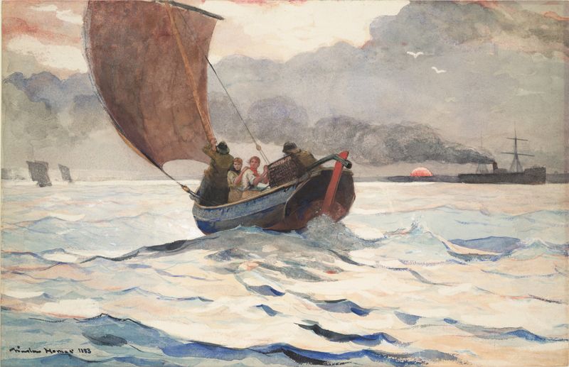 Returning Fishing Boats de Winslow Homer, óleo sobre lienzo que representa barcos de pesca contra un cielo crepuscular.