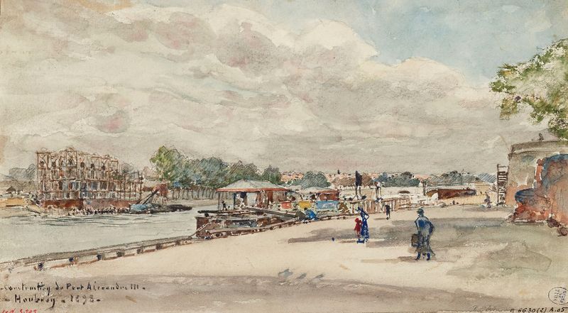 Cena de construção da ponte Alexandre III por Frédéric Houbron, óleo sobre tela