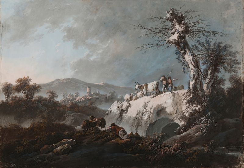 A Rocky Landscape de Jean-Baptiste Pillement, pintura a óleo que retrata penhascos e um rio.