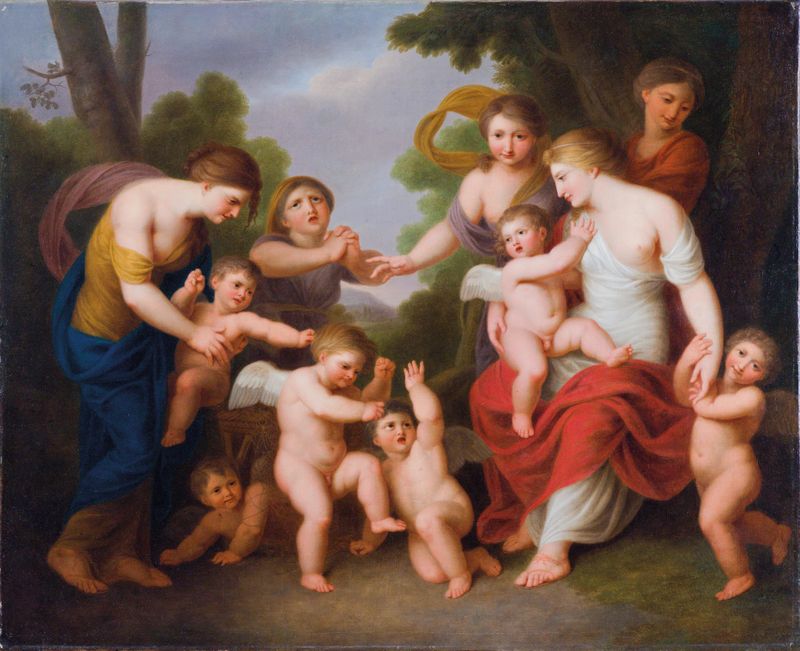 Pintura al óleo rococó de Andries Cornelis Lens que muestra putti en lucha juguetona.