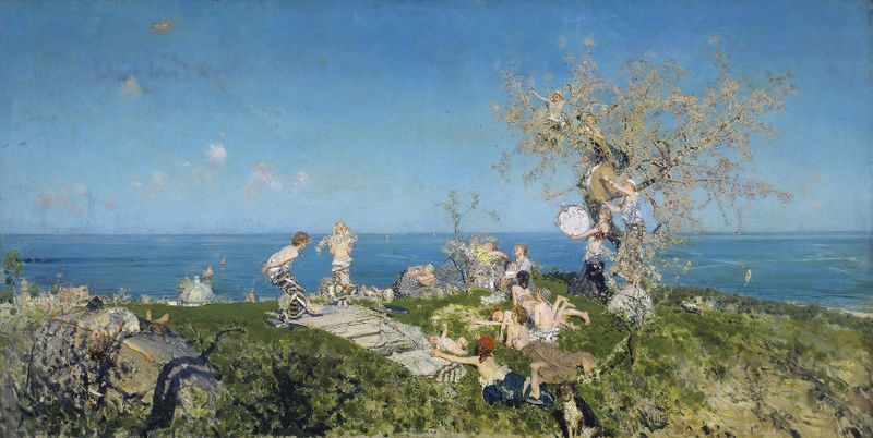 Figurative scene of a couple embracing in a spring setting, oil painting by Francesco Paolo Michetti