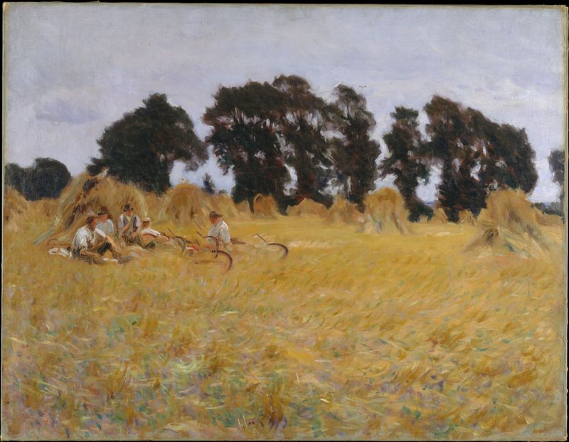 Escena de género que muestra a los segadores descansando en un campo de trigo, pintura al óleo de John Singer Sargent