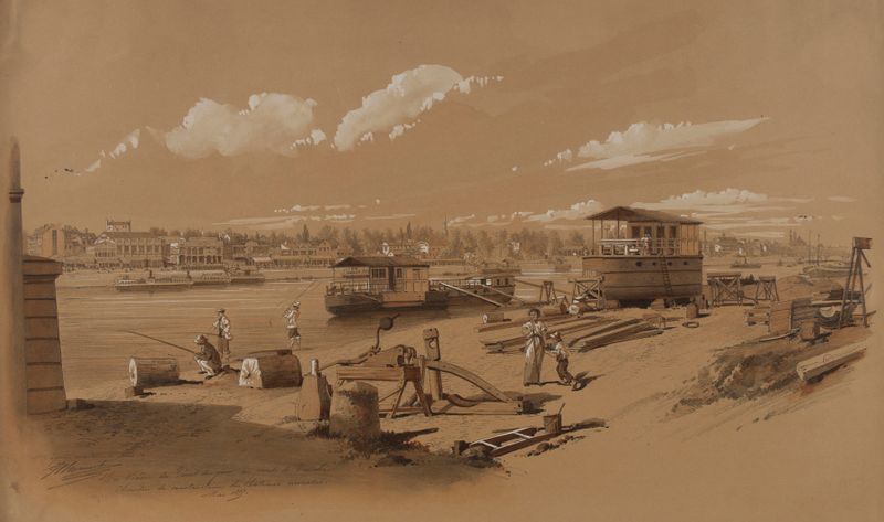 Construction site with laborers and boats, oil painting by Jules-Adolphe Chauvet