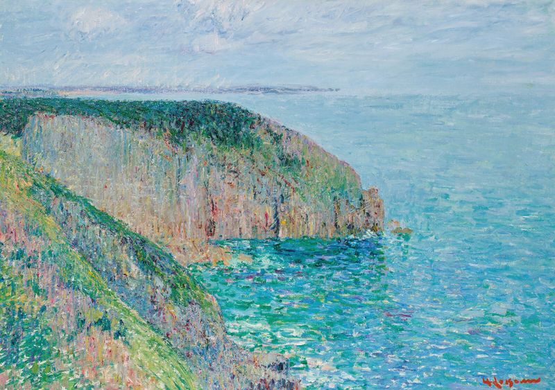 Falaises de Gustave Loiseau, pintura a óleo que retrata penhascos e natureza vibrante.