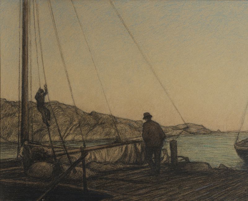 The Quay de Karl Nordström, óleo sobre lienzo que representa a una figura solitaria en un muelle.