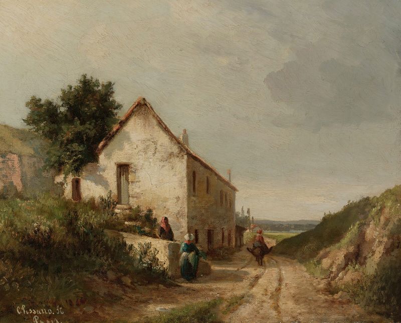 Paisagem com uma casa ensolarada e figuras de Camille Pissarro, pintura a óleo
