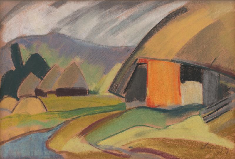 Pintura de paisaje al óleo de Zolo Palugyay que representa una aldea con suaves matices y luz suave.