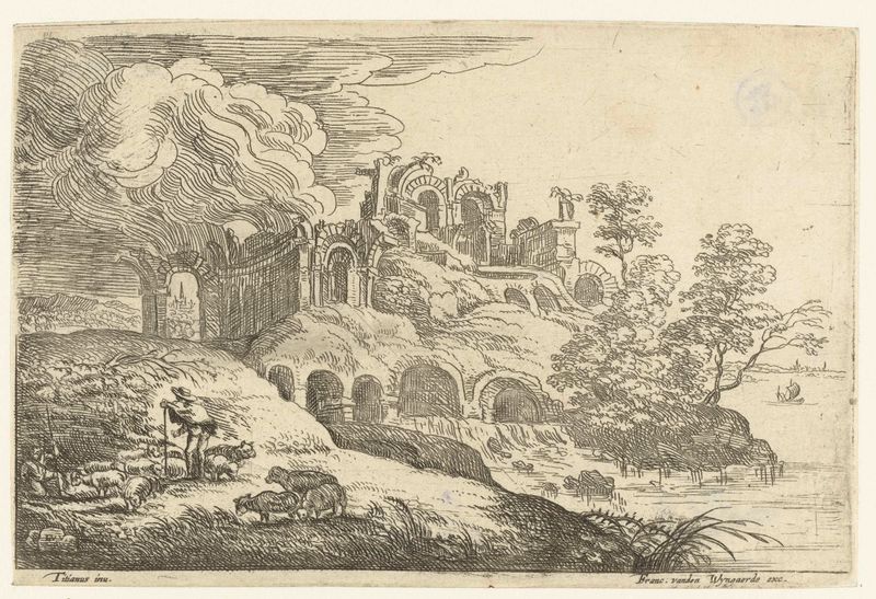 Grabado de Lucas van Uden que muestra ruinas cubiertas de naturaleza