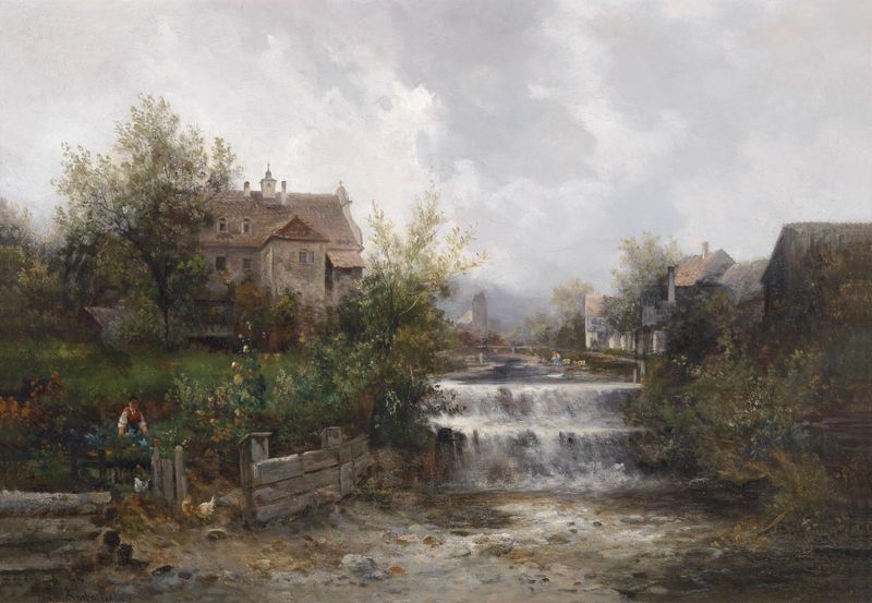 Landscape oil painting by Emil Barbarini featuring a village by a river and forest.
