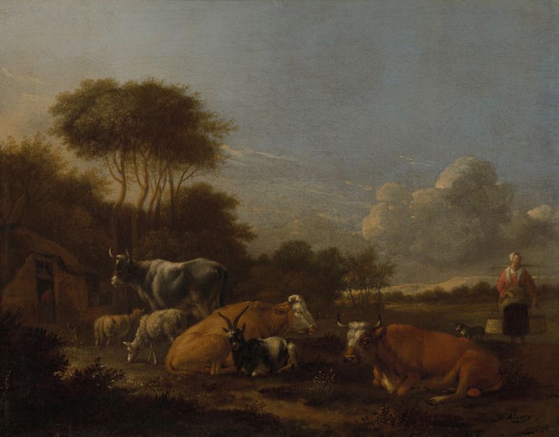 Landscape with Cattle, oil on canvas by Albert Jansz Klomp, depicting grazing cattle and rolling hills.