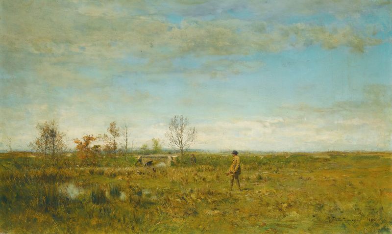 Hunters in a forest landscape, oil painting by Ivan Pavlovich Pokhitonov