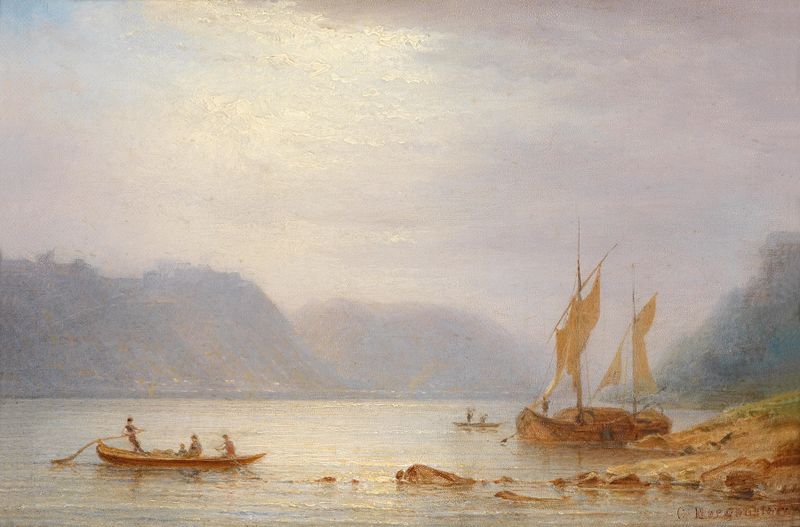 Paisagem com luz dourada sobre colinas e o Reno de Carl Morgenstern, pintura a óleo