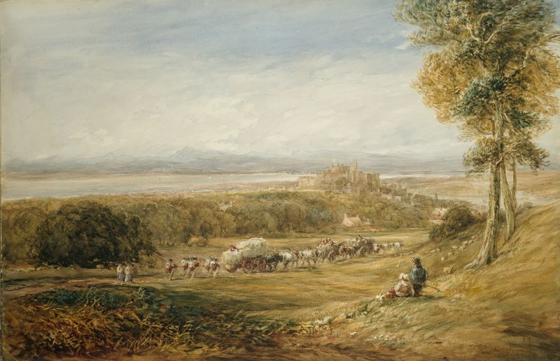 Lancaster; Paz y Guerra de David Cox, acuarela sobre papel que muestra un paisaje de río sereno.