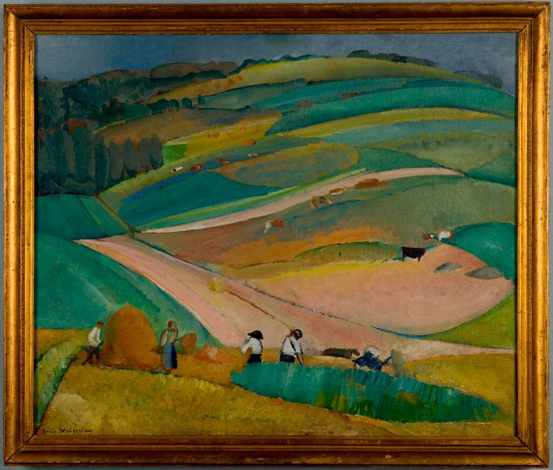 Farm Workers in a Field by Boris Grigoryev, oil on canvas depicting laborers in a wheat field.