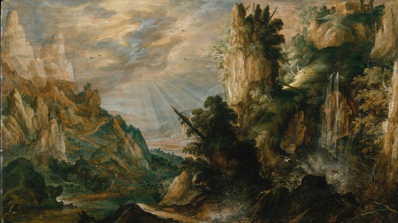 A Mountainous Landscape with a Waterfall, oil on canvas by Kerstiaen de Keuninck