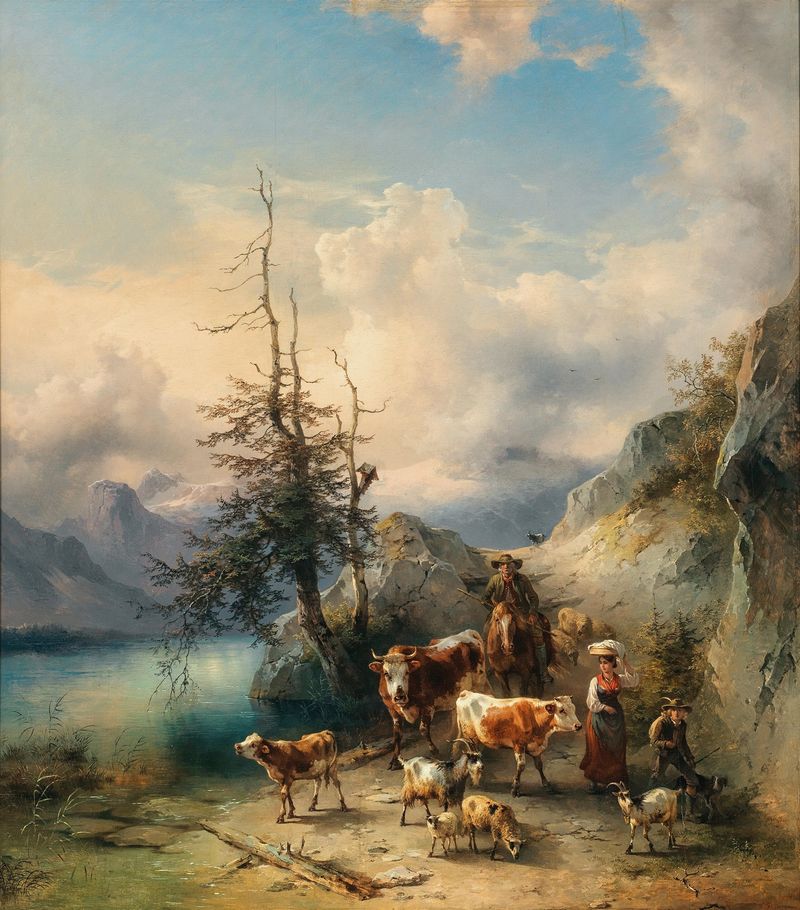 The Cattle Drive in Altaussee by Friedrich Gauermann, oil painting depicting cattle and mountains.