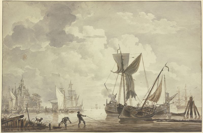Oil painting by Hendrik Kobell depicting sailors pulling a rope in a harbor