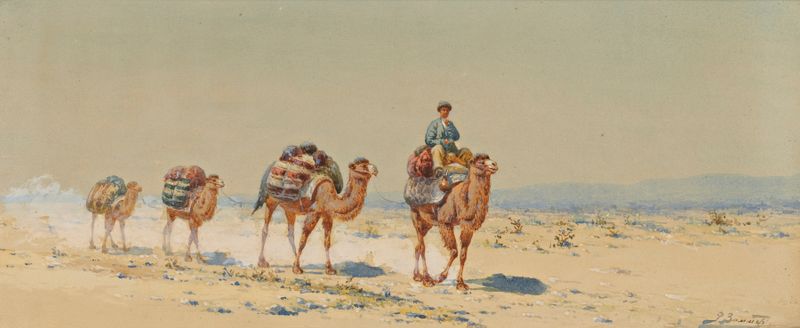 Desert Caravan by Richard Karlovich Zommer, depicting camels against a sunset in an unknown medium.