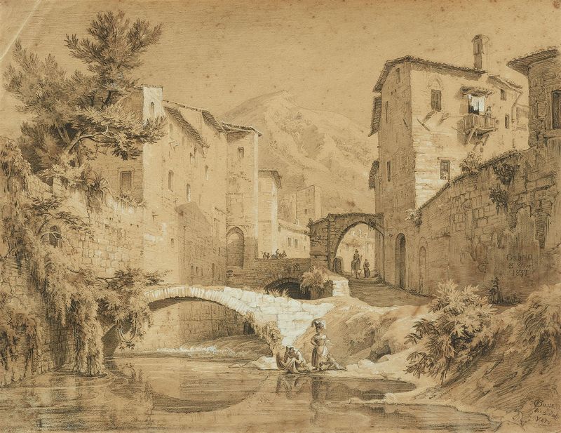 Cena de gênero mostrando lavadeiras ao lado do rio ao amanhecer, pintura a óleo de Georg Heinrich Busse