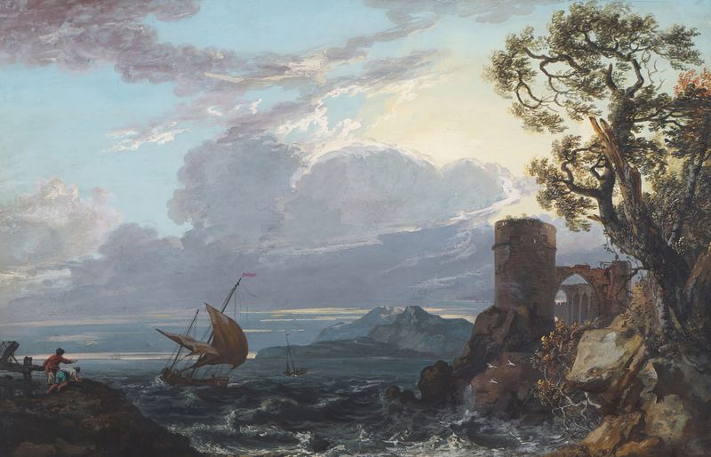 Stormy Sea with Castle Ruin and Figures de Paul Sandby, acuarela sobre papel, que representa olas tumultuosas y ruinas de ...