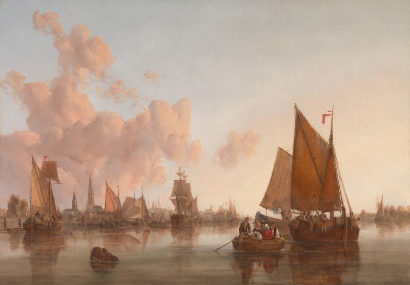 Sailing boats and barges on a Dutch estuary, oil painting by John Berney Crome