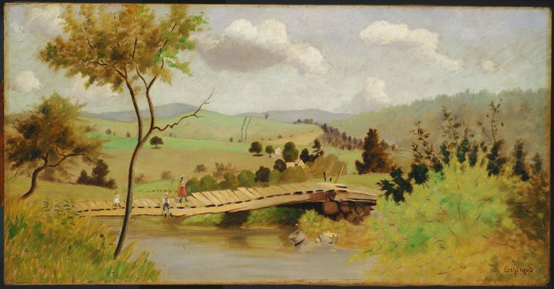 Adirondacks - Bridge for Fishing, óleo sobre tela de Louis Michel Eilshemius, retratando uma paisagem serena com uma ponte...