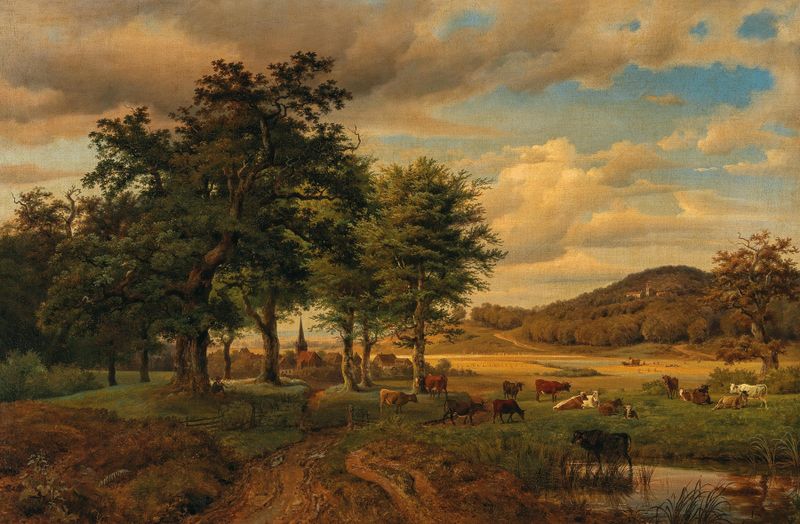 A pasture landscape with cows grazing, oil on canvas by Georg Heinrich Crola
