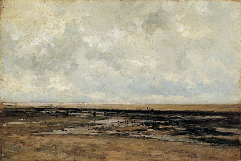 Villerville Beach, Normandy by Carlos de Haes, oil on canvas depicting waves and sandy shore