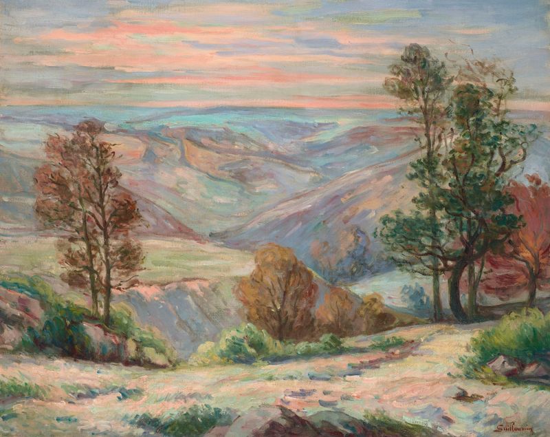 Pintura al óleo de Armand Guillaumin que muestra colinas y árboles bajo un cielo al atardecer.