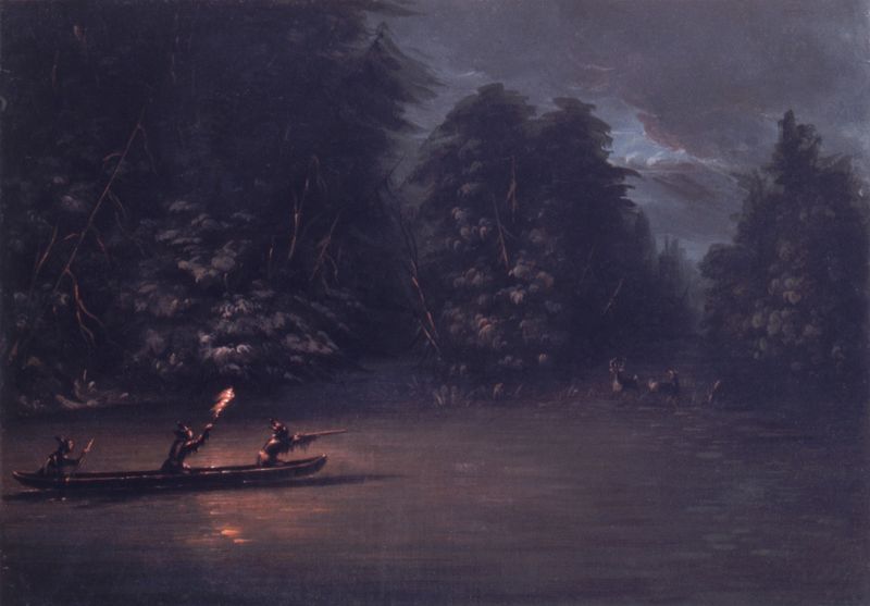 Deer hunting scene with figures in bark canoes under torchlight by George Catlin, oil painting
