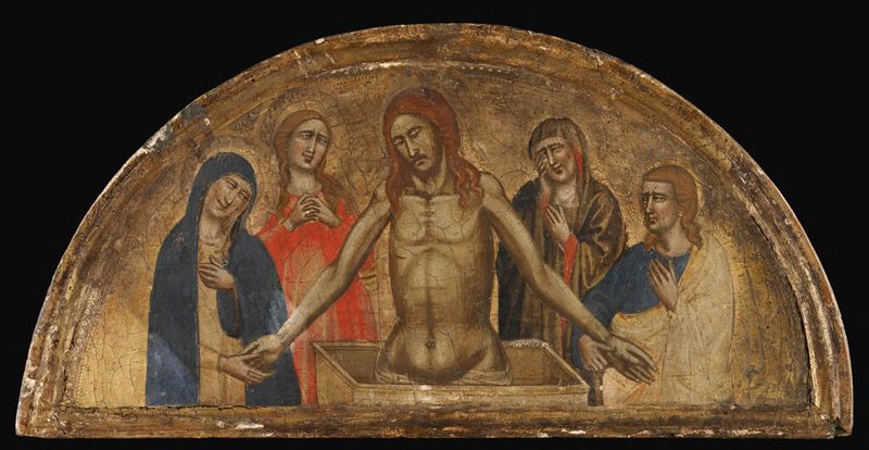 Escena religiosa con la Virgen, San Juan y María Magdalena, temple sobre panel de Master of the San Niccolò Altarpiece